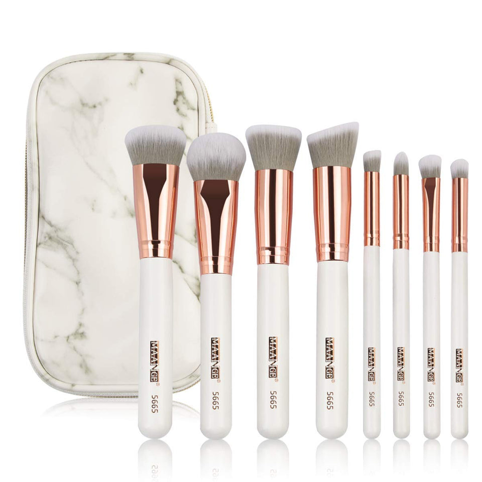 MAANGE Brochas de Maquillaje Pinceles Suavecitas Sintéticos 8 brochas profesionales Brochas para sombra de ojos y rostro Blush Brushes con bolsa de cosméticos（Blanco Oro)