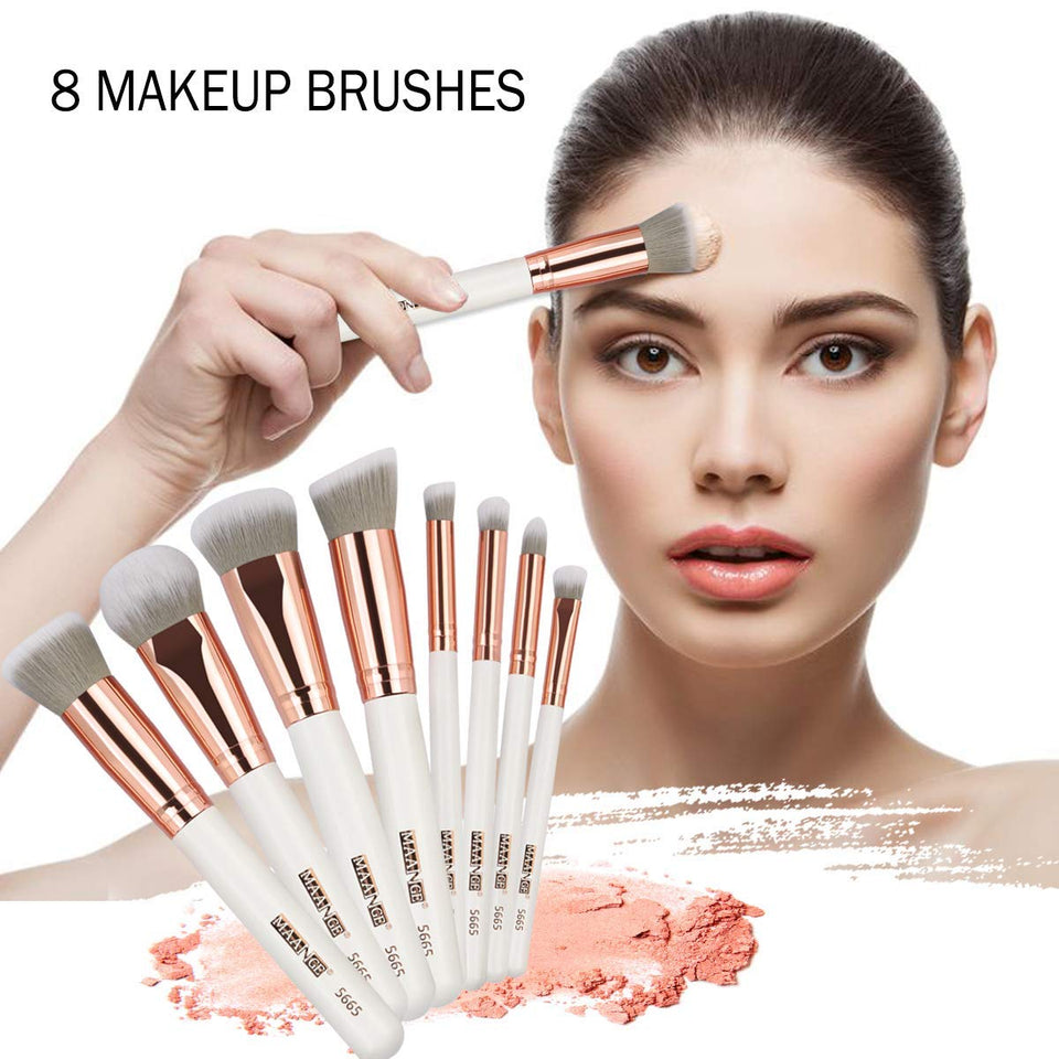 MAANGE Brochas de Maquillaje Pinceles Suavecitas Sintéticos 8 brochas profesionales Brochas para sombra de ojos y rostro Blush Brushes con bolsa de cosméticos（Blanco Oro)