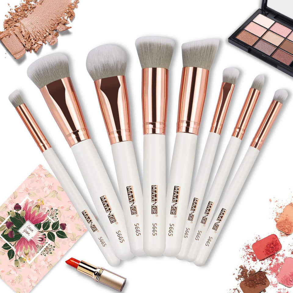 MAANGE Brochas de Maquillaje Pinceles Suavecitas Sintéticos 8 brochas profesionales Brochas para sombra de ojos y rostro Blush Brushes con bolsa de cosméticos（Blanco Oro)