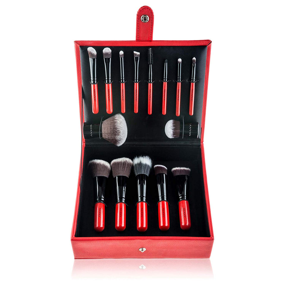 SHANY Vanity Vox 15 Piece Premium Cosmetics Brush Set with Stylish Storage Box and Stand, Red