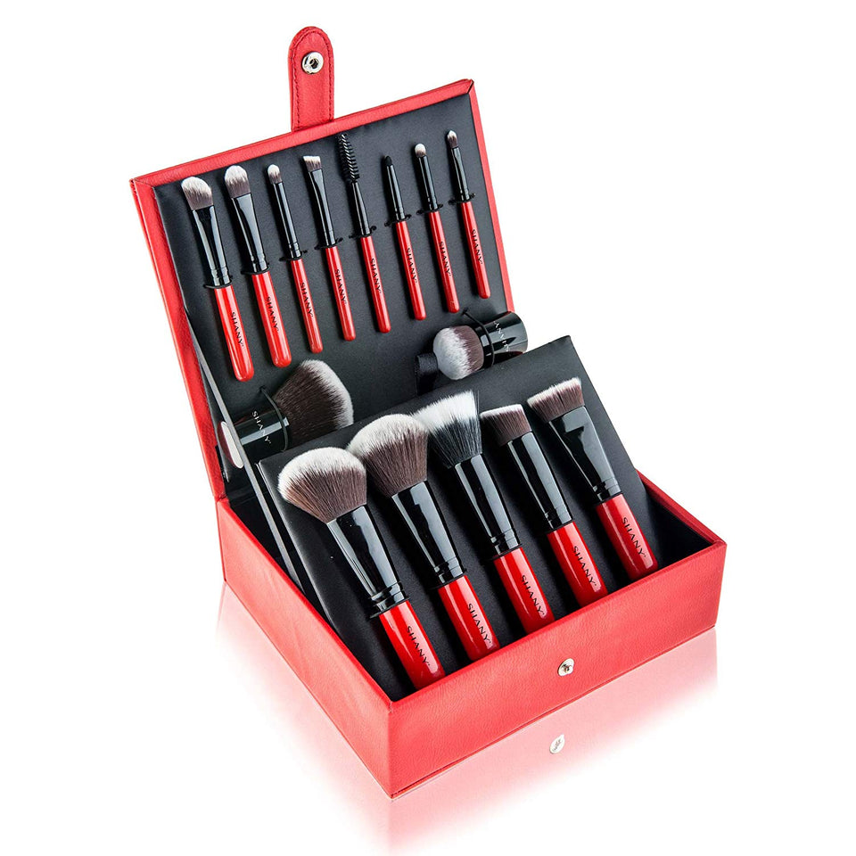 SHANY Vanity Vox 15 Piece Premium Cosmetics Brush Set with Stylish Storage Box and Stand, Red