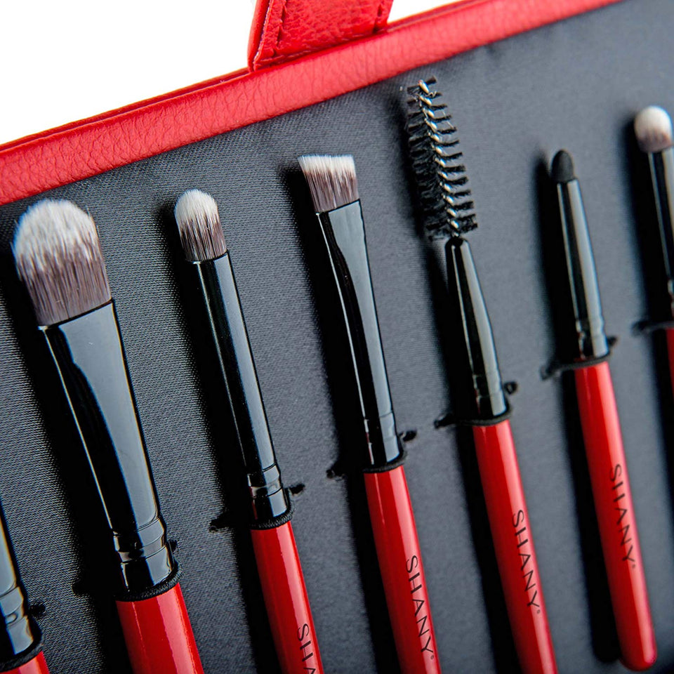 SHANY Vanity Vox 15 Piece Premium Cosmetics Brush Set with Stylish Storage Box and Stand, Red