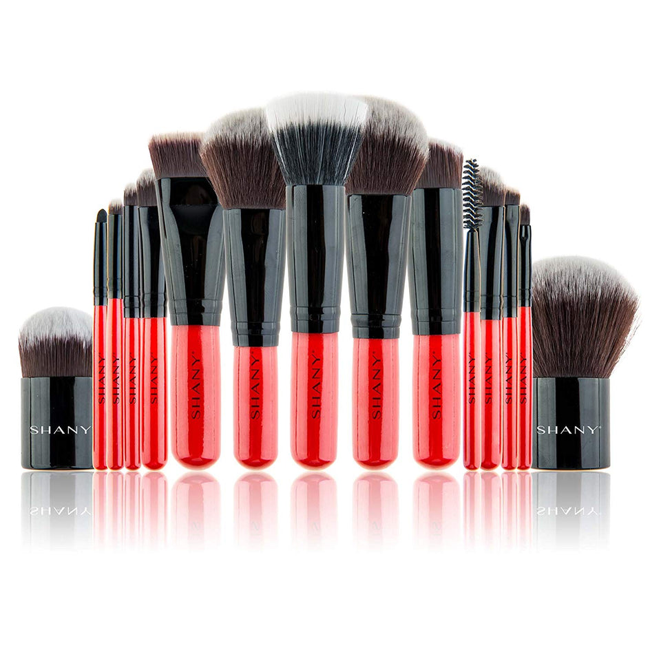 SHANY Vanity Vox 15 Piece Premium Cosmetics Brush Set with Stylish Storage Box and Stand, Red