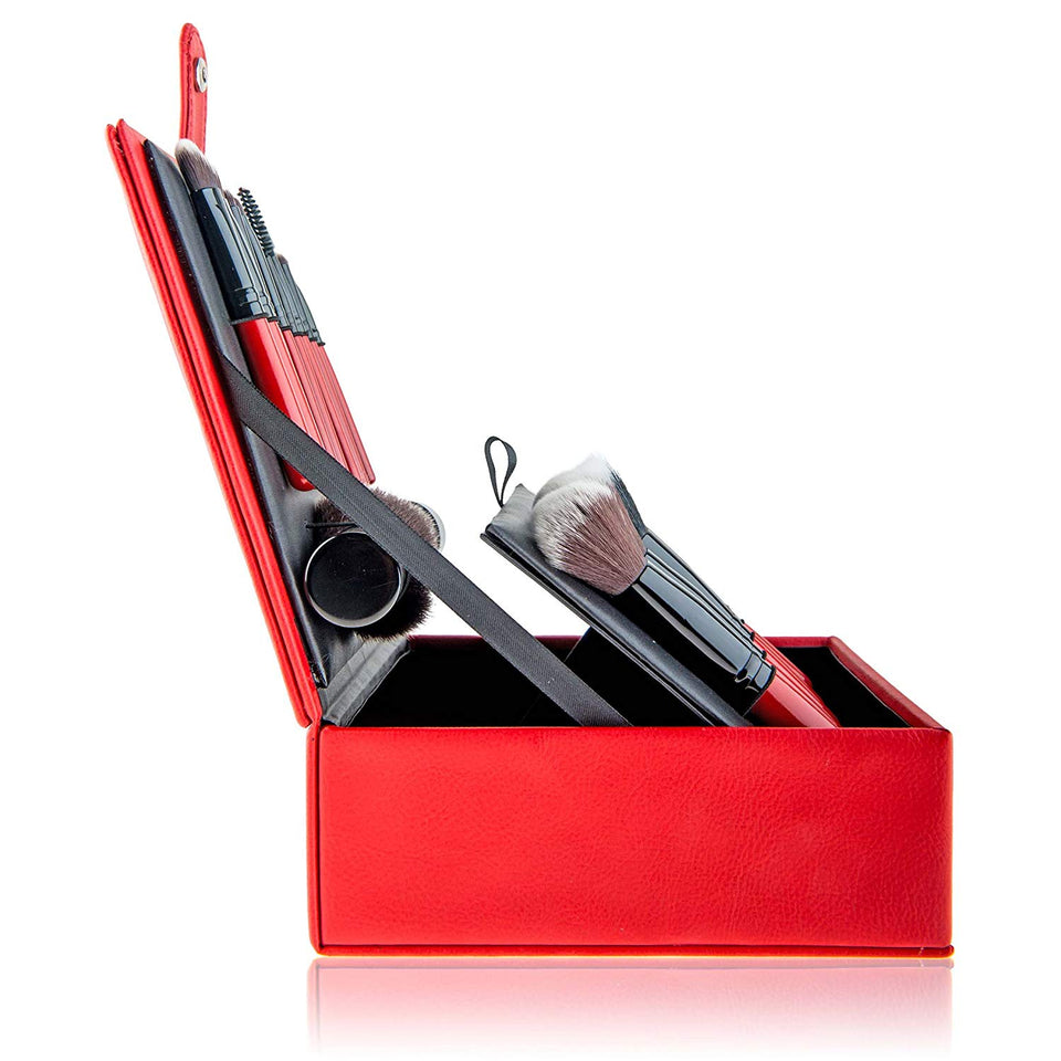 SHANY Vanity Vox 15 Piece Premium Cosmetics Brush Set with Stylish Storage Box and Stand, Red