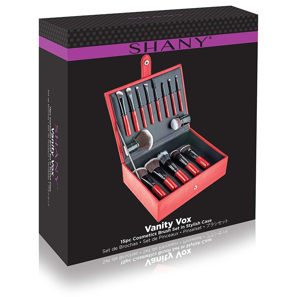 SHANY Vanity Vox 15 Piece Premium Cosmetics Brush Set with Stylish Storage Box and Stand, Red