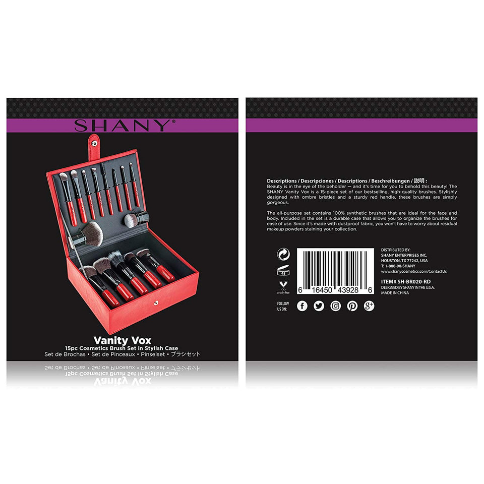SHANY Vanity Vox 15 Piece Premium Cosmetics Brush Set with Stylish Storage Box and Stand, Red