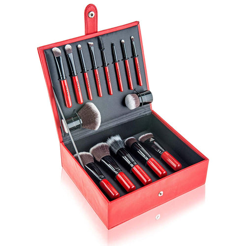 SHANY Vanity Vox 15 Piece Premium Cosmetics Brush Set with Stylish Storage Box and Stand, Red