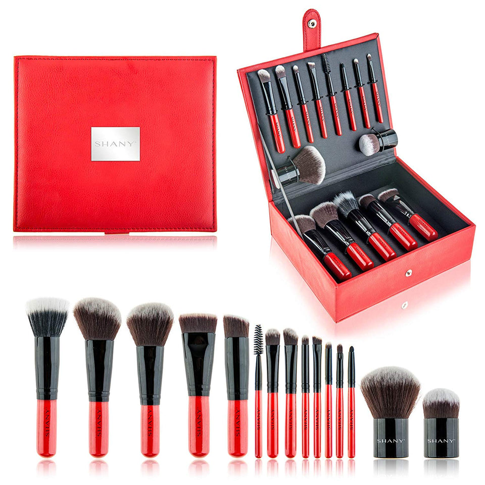 SHANY Vanity Vox 15 Piece Premium Cosmetics Brush Set with Stylish Storage Box and Stand, Red