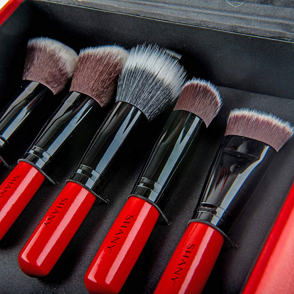 SHANY Vanity Vox 15 Piece Premium Cosmetics Brush Set with Stylish Storage Box and Stand, Red